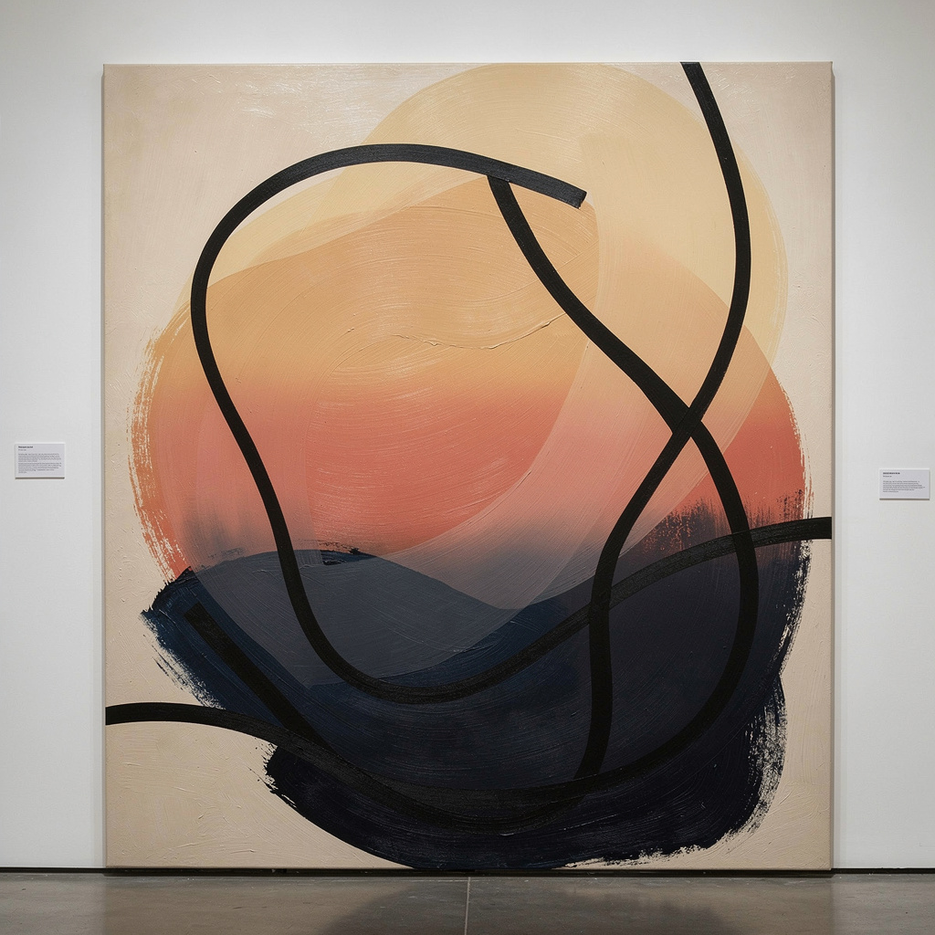 Transform this artwork into a high-end modern art gallery style, inspired by MoMA and Tate Modern aesthetics. Keep the abstract composition but refine the brush textures with realistic acrylic and oil-paint strokes. Use a more minimalist palette with muted beige, charcoal black, deep indigo, and gentle sunset gradients. Increase negative space, enhance balance and visual rhythm, and give the overall piece a curated museum-exhibition feeling. Avoid adding new objects; focus on elevating artistic sophistication.