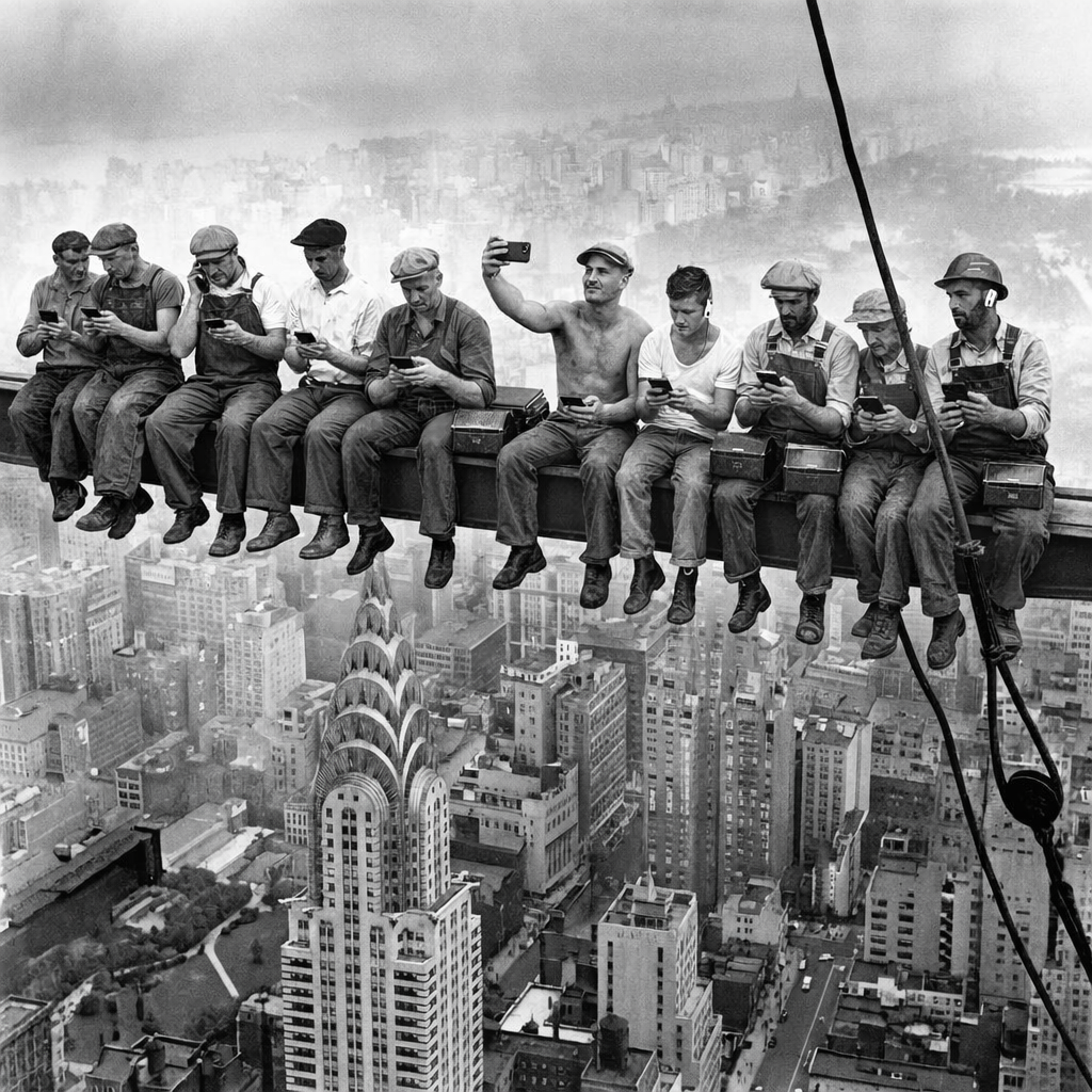 Same workers, same beam, same lunch boxes - but they're all on their phones now. One is taking a selfie. One is on a call looking annoyed. Same danger, new priorities. A hard hat has AirPods.