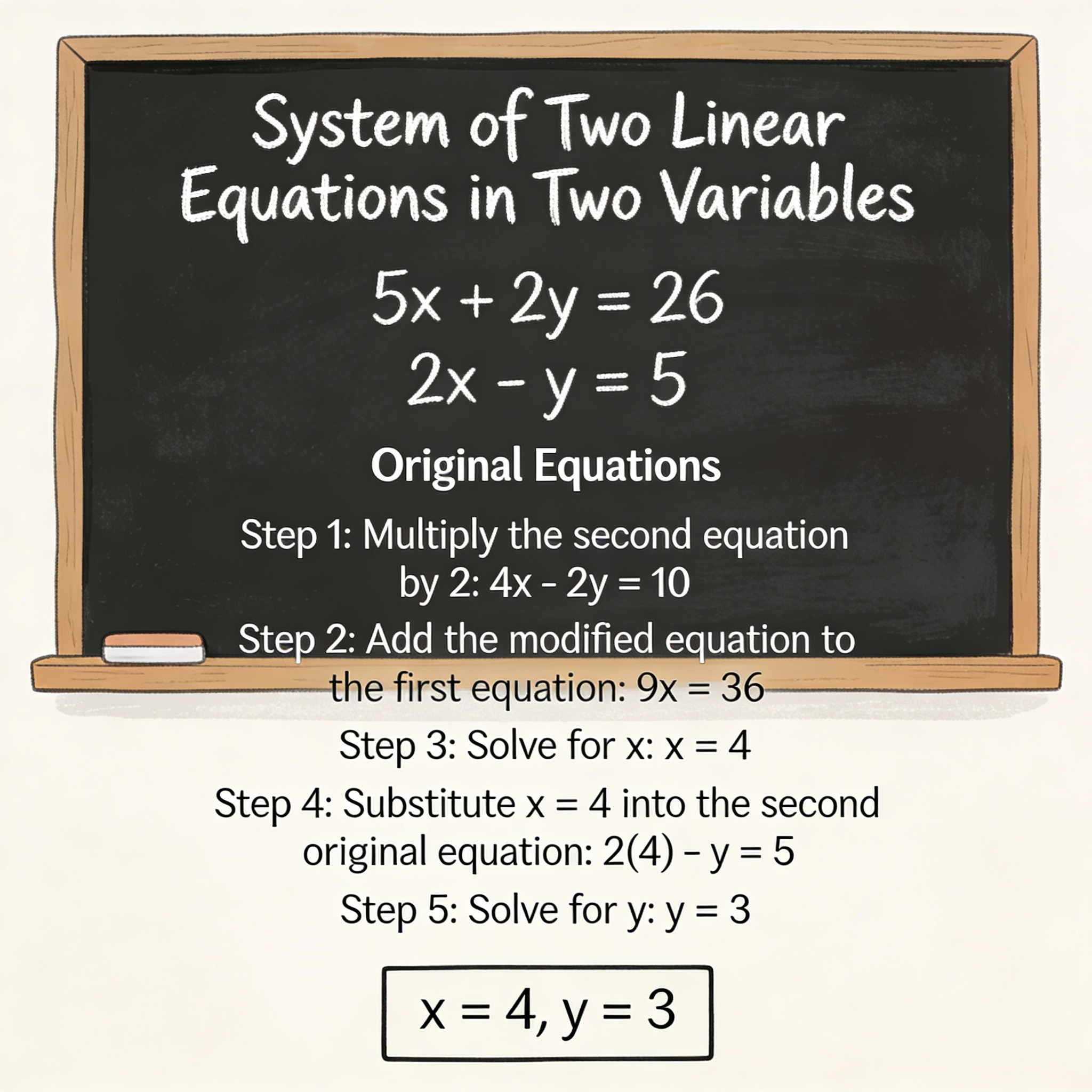 Draw the following system of two linear equations in two variables and their corresponding solution steps on the blackboard: 5x + 2y = 26; 2x - y = 5.