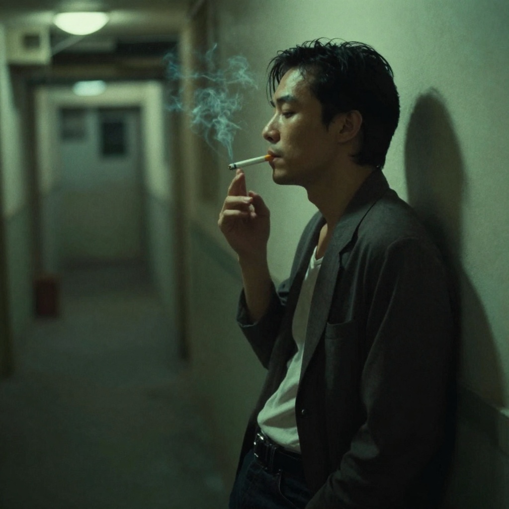 Wong Kar-wai film style, a lonely man smoking a cigarette in a narrow Hong Kong hallway, 1990s. Greenish fluorescent lighting, heavy shadows, moody atmosphere. Slight motion blur to create a dreamlike quality. Film grain, vignetting, emotional, cinematic composition, dutch angle shot.